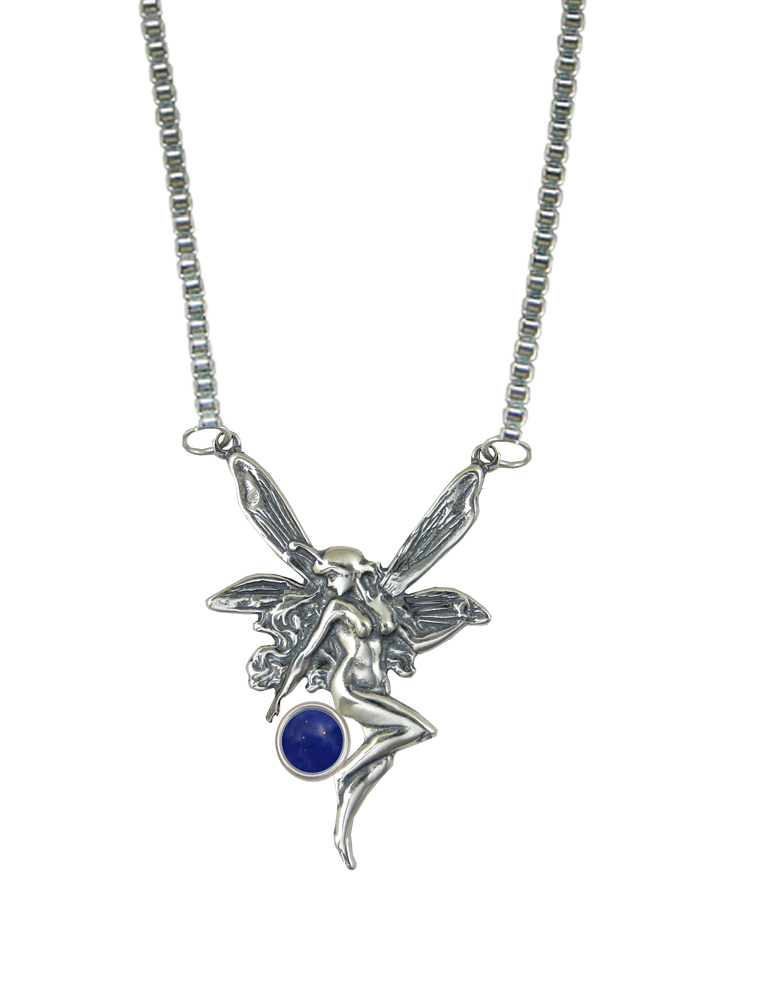 Sterling Silver Victorian Winged Fairy Necklace With Lapis Lazuli
